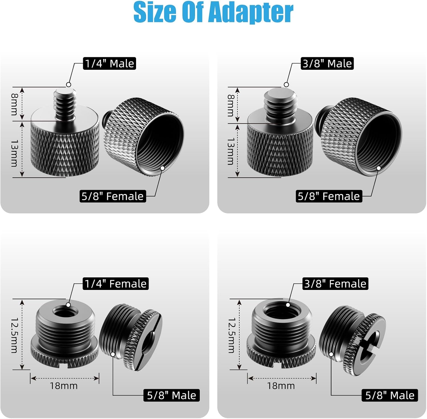 Mic Stand Adapter Set, 5/8 to 3/8 & 1/4 Thread Adapter | 8 Pack, 4 Thread Sizes, Aluminum Alloy, Knurled Grip, Precision Threads, Fits Mic Stands, Boom Arms & Tripods - Image 2