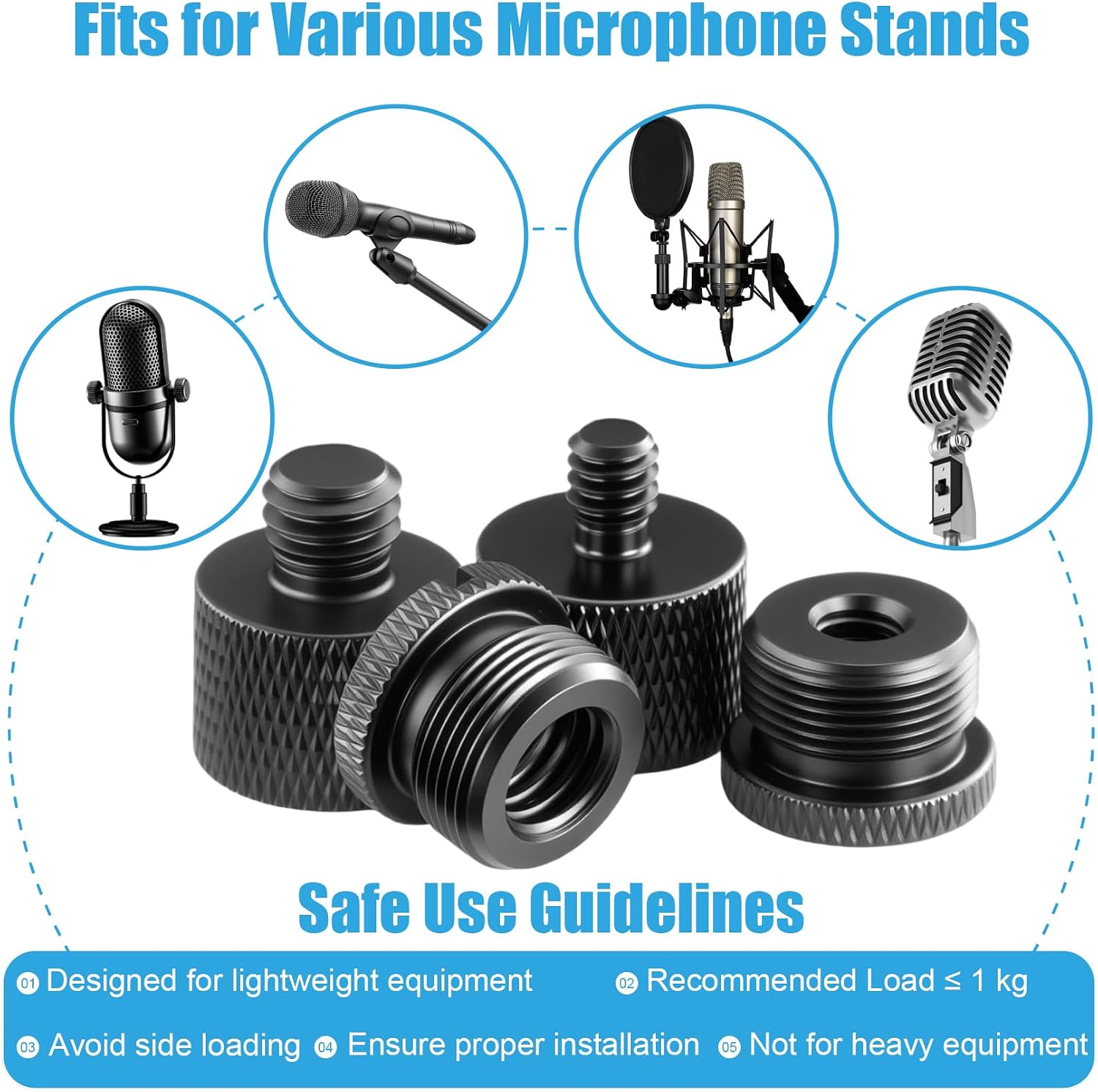 Mic Stand Adapter Set, 5/8 to 3/8 & 1/4 Thread Adapter | 8 Pack, 4 Thread Sizes, Aluminum Alloy, Knurled Grip, Precision Threads, Fits Mic Stands, Boom Arms & Tripods - Image 3