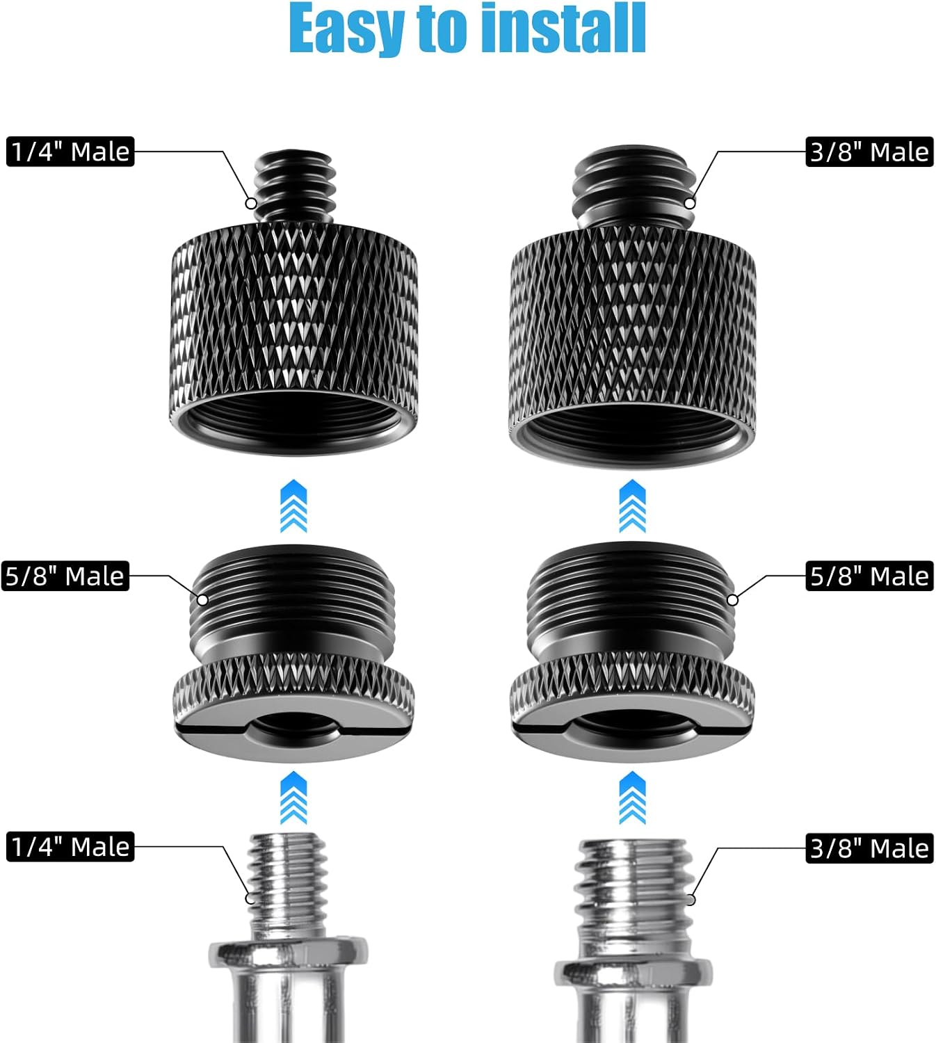 Mic Stand Adapter Set, 5/8 to 3/8 & 1/4 Thread Adapter | 8 Pack, 4 Thread Sizes, Aluminum Alloy, Knurled Grip, Precision Threads, Fits Mic Stands, Boom Arms & Tripods - Image 4