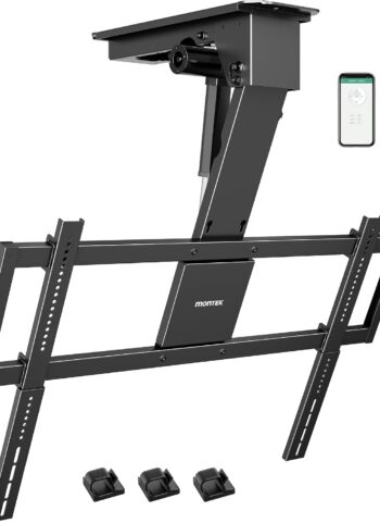 monTEK Motorized Ceiling TV Mount for 32-75 Inch TVs, Holds up to 121 lb | Lower VESA fit helps avoid ceiling contact; electric flip-down, remote/app/voice, max VESA 600x400 mm, flat/pitched ceilings